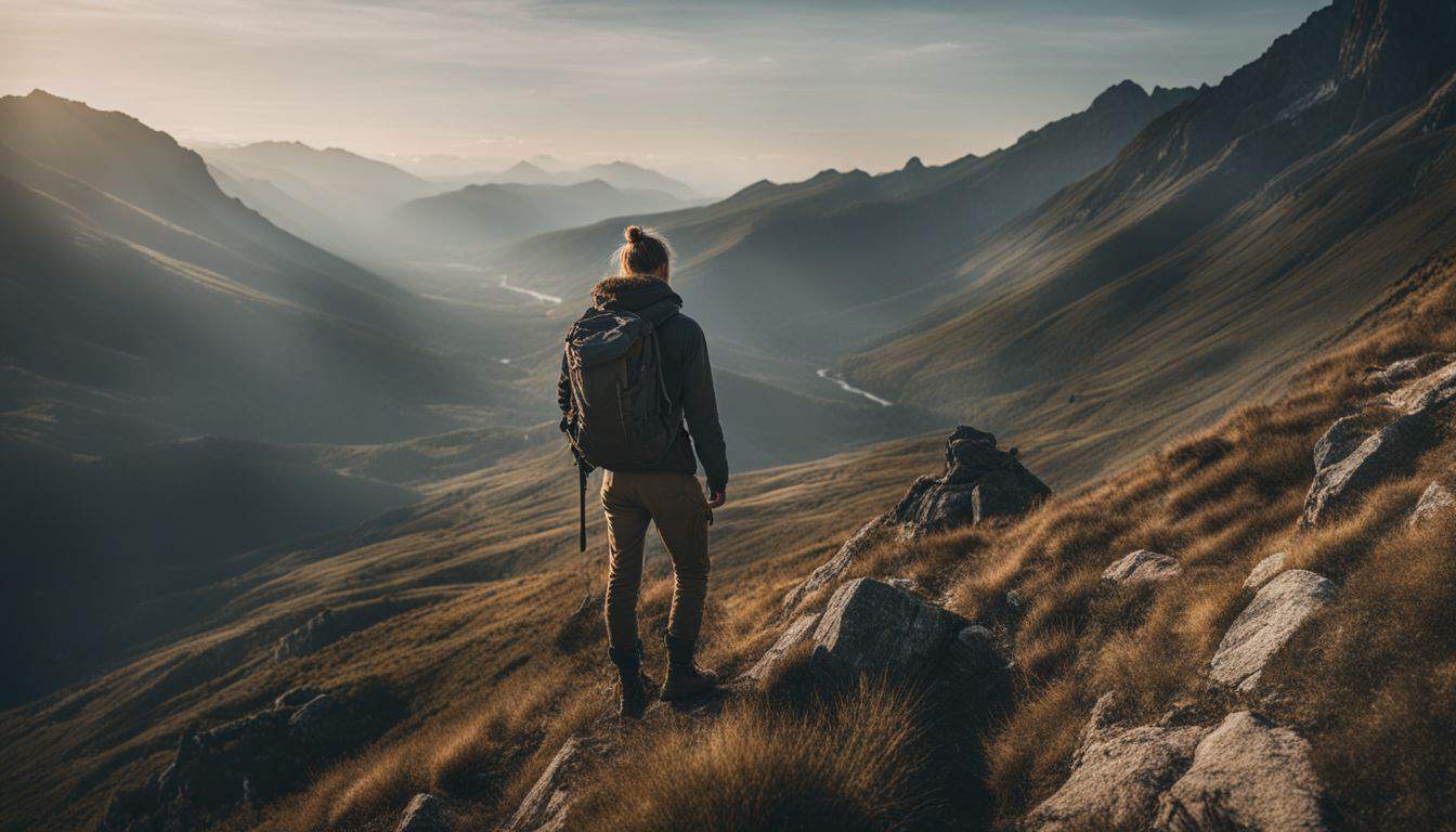 A hiker stands on a mountaintop surrounded by nature, capturing the beauty with a camera.