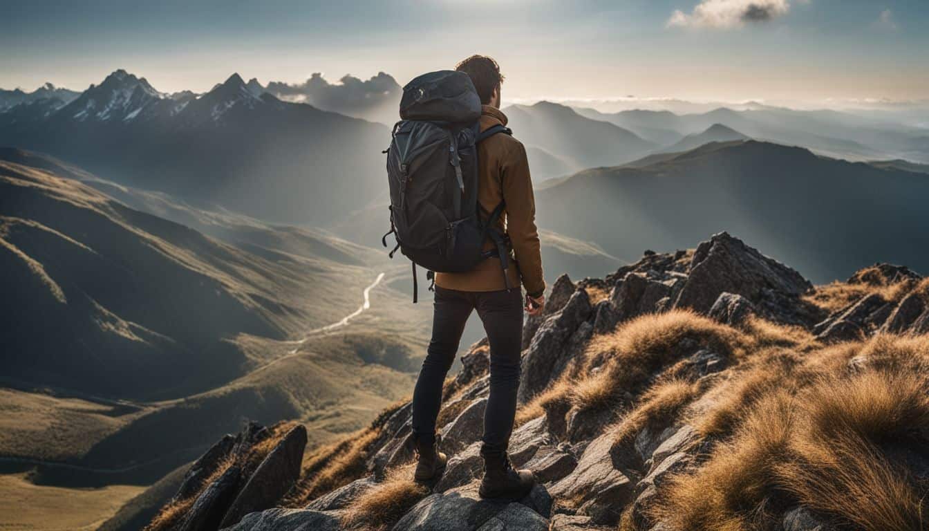 A hiker stands on a mountaintop, taking in the challenging terrain and capturing the beautiful landscape with a DSLR camera.