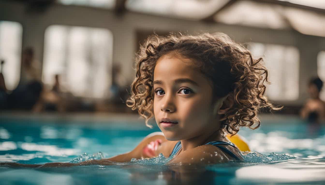 A child confidently swimming in a pool surrounded by supportive instructors and a bustling atmosphere.