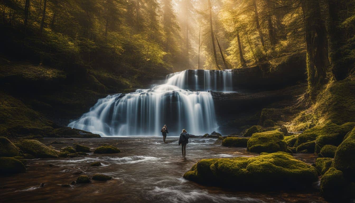 A captivating photograph of a forest waterfall with various people and picturesque details.