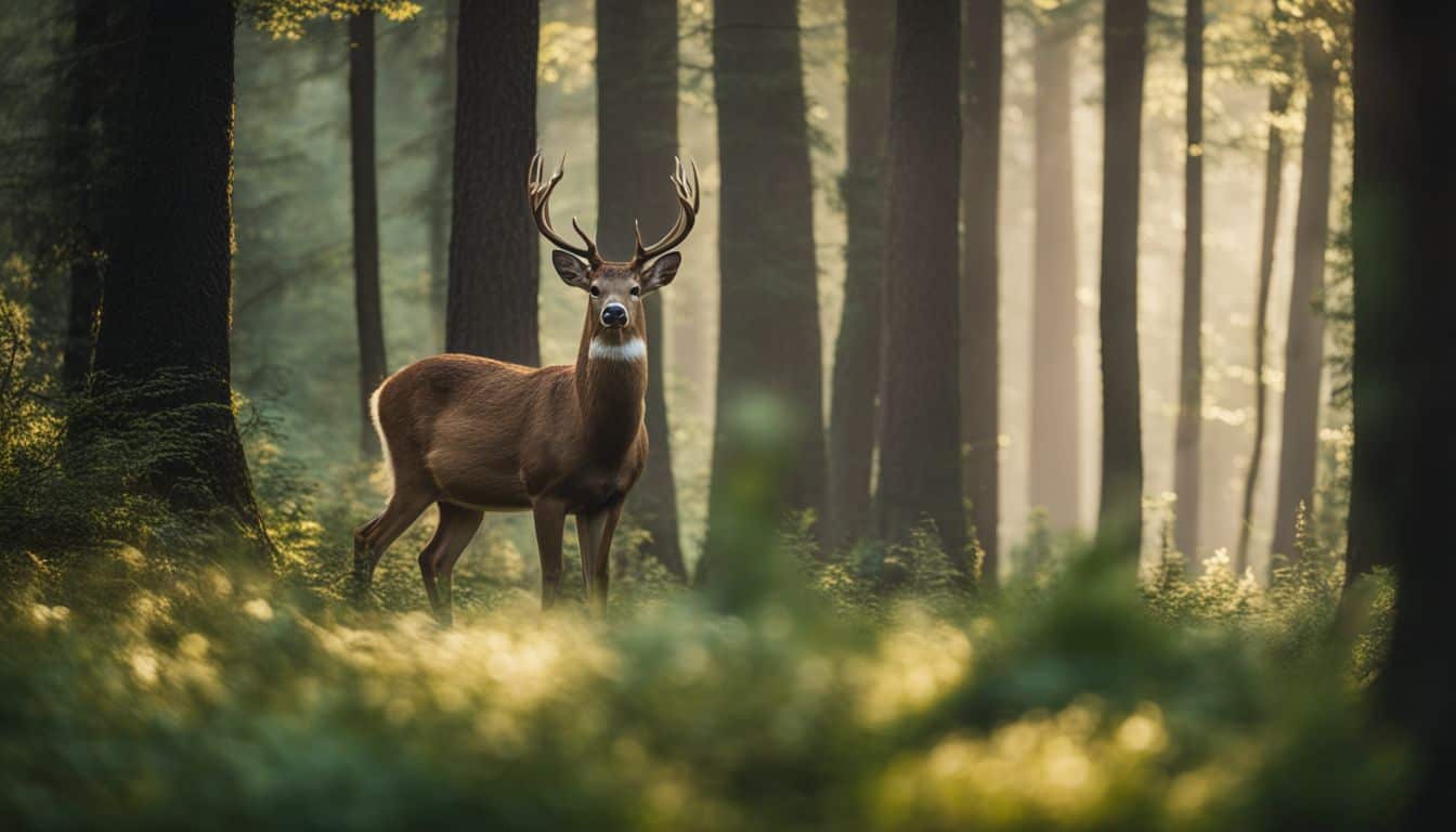 A photo of a deer in a peaceful forest surrounded by lush trees, captured with a DSLR camera.