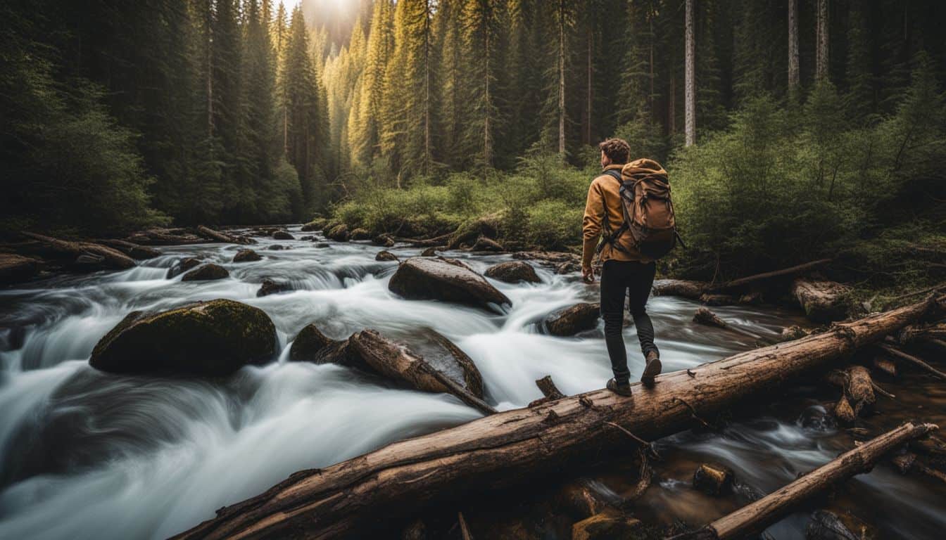 A hiker crossing a river on a fallen log surrounded by dense forest, captured in a cinematic and photorealistic style.