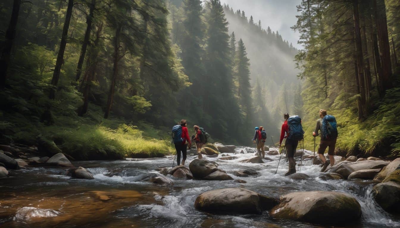 A diverse group of hikers traverse a river in a dense forest, capturing their adventure in stunning detail.