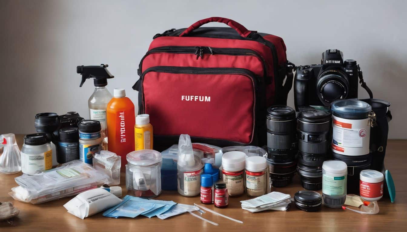 A well-stocked emergency kit surrounded by essential supplies and a detailed family emergency plan.