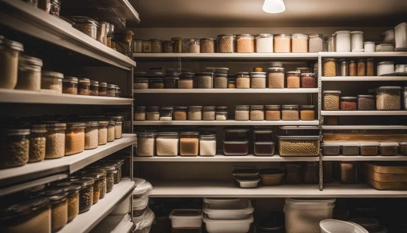 A photo of neatly organized pantry shelves filled with long-term food storage items.