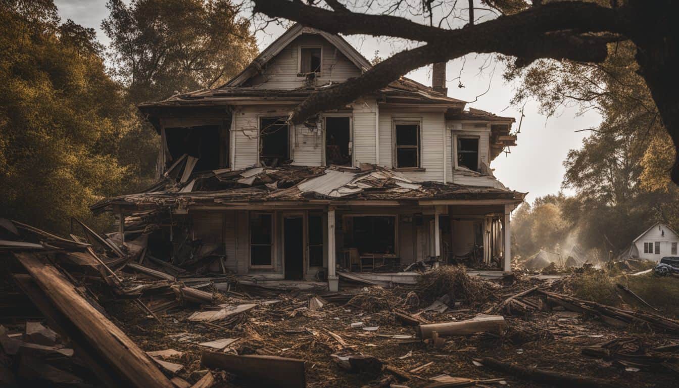 A damaged house in a neighborhood with debris and fallen trees, surrounded by a bustling atmosphere.