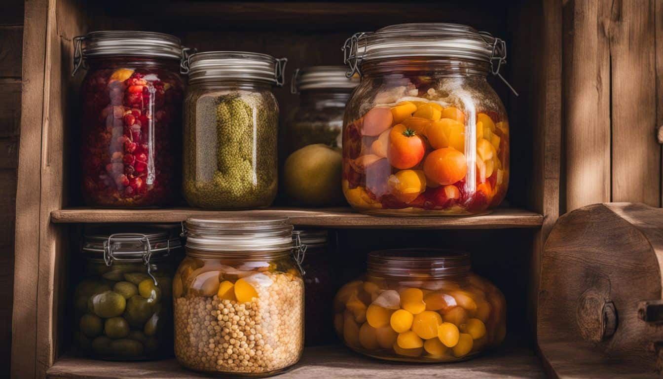 A photo of a well-stocked wooden pantry filled with preserved fruits and vegetables.