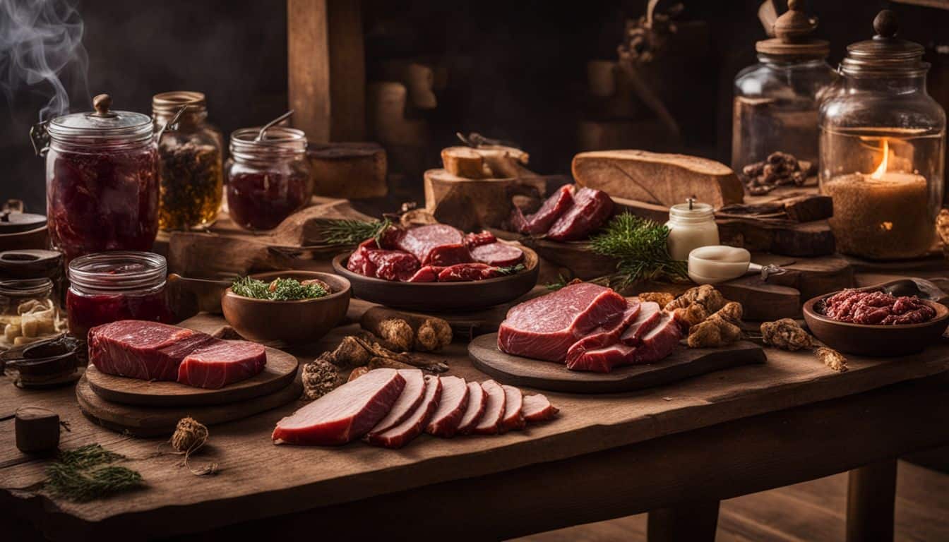 A photograph of a table showcasing a variety of preserved meats, jars, and smoking woods.