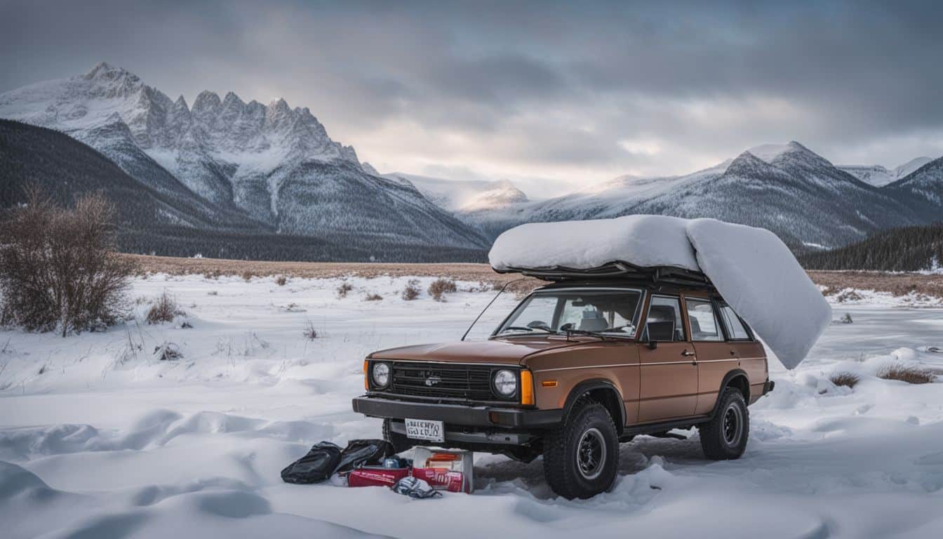 A stranded car in a snowy landscape surrounded by emergency supplies and survival kit.