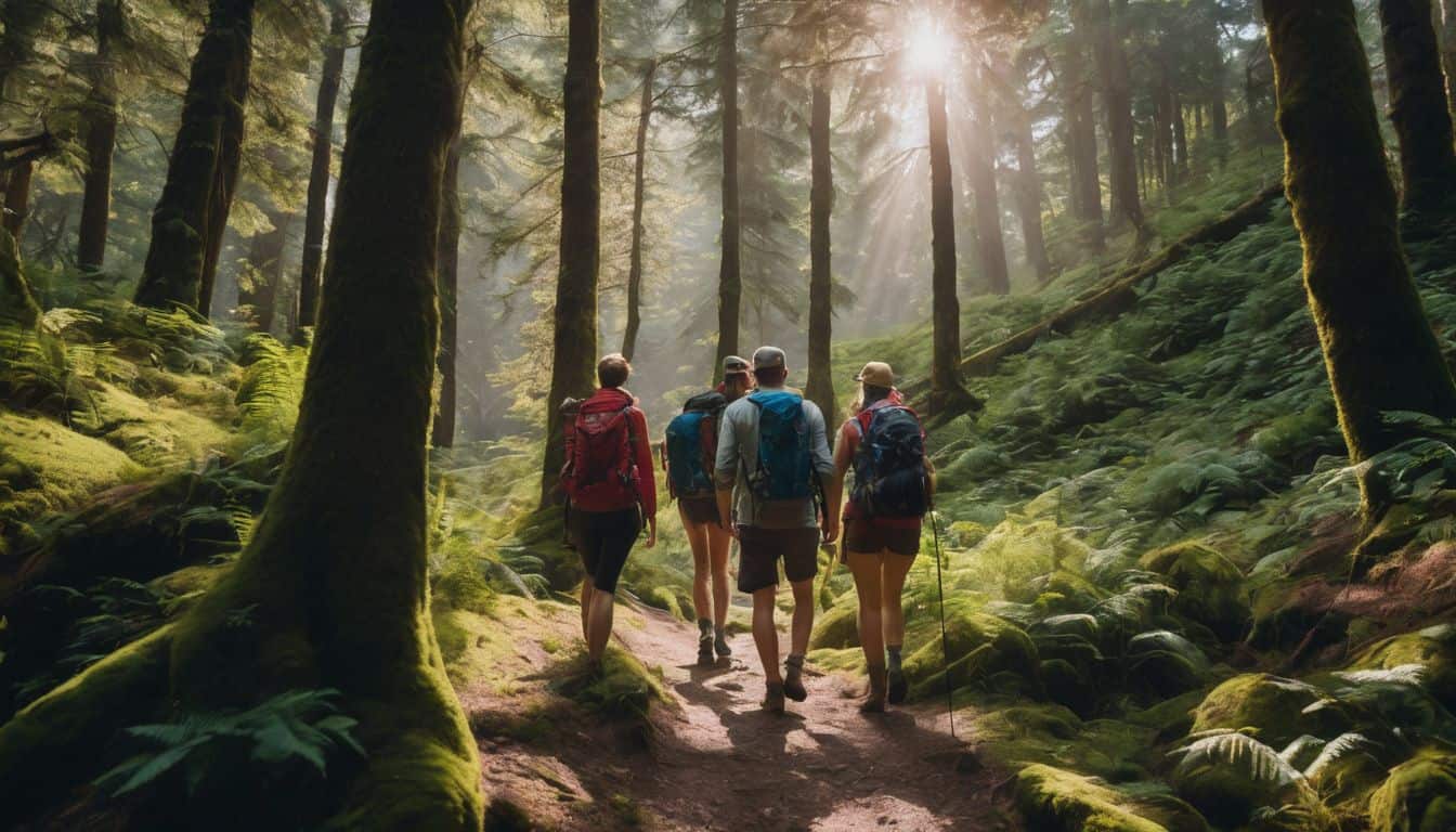 A diverse group of friends are seen hiking through a lush forest in a vibrant and bustling atmosphere.