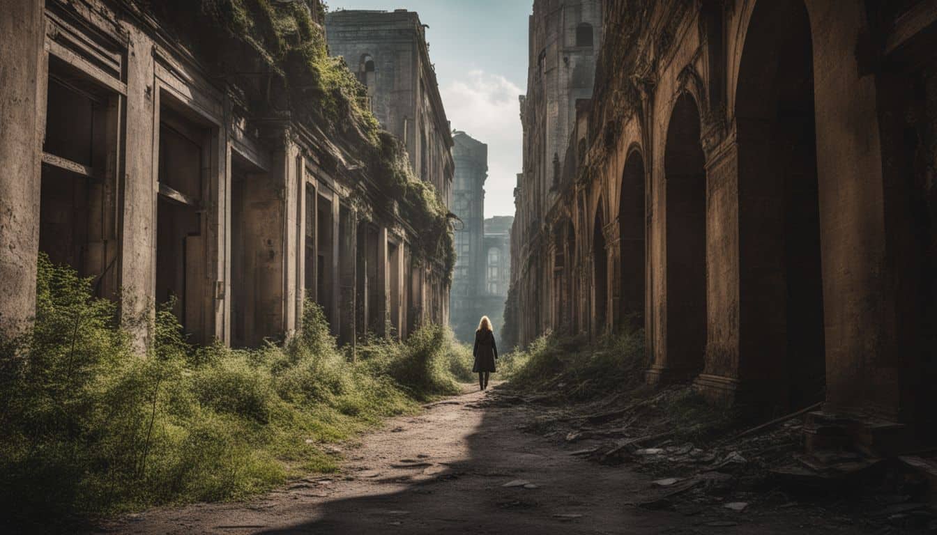 A lone person walking through a crumbling cityscape overgrown with vegetation.
