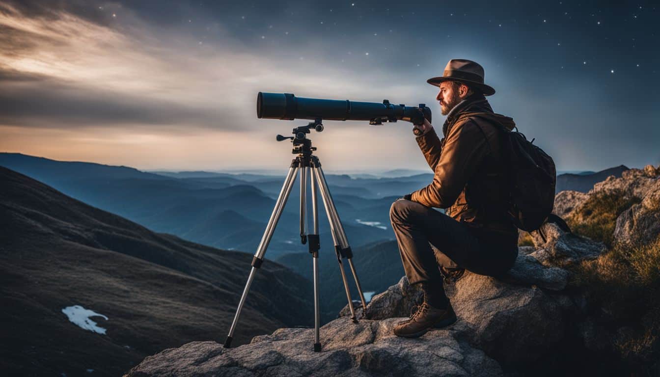 An explorer uses a telescope to observe the stars while standing on a cliff in a nature setting.