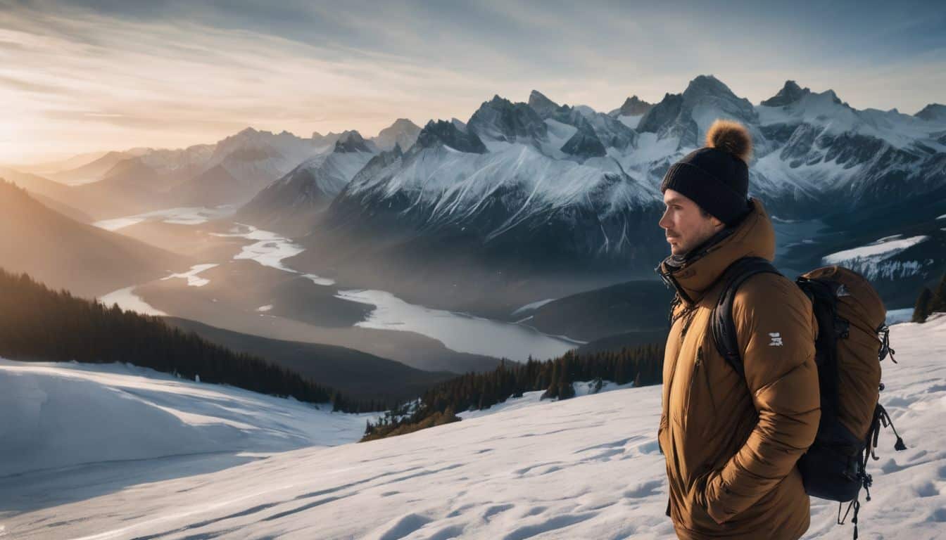 A photo of a person in winter clothing surrounded by icy landscapes, showcasing different faces, hairstyles, and outfits.