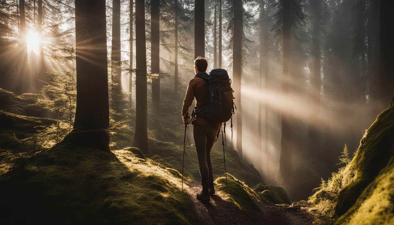 A hiker uses the sun's position to navigate through a forest in a well-lit and bustling atmosphere.
