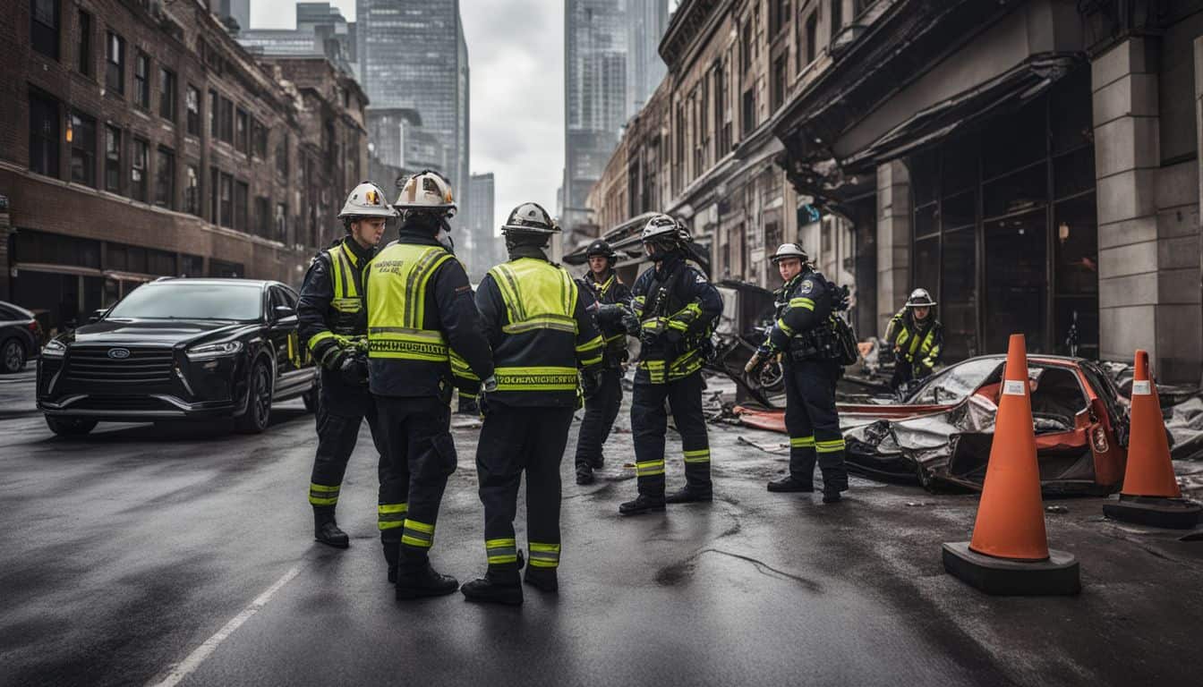 Emergency responders organizing a disaster recovery plan in a bustling cityscape atmosphere.