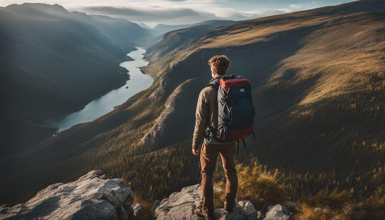 A hiker overlooks a rugged wilderness from a rocky cliff, carrying a backpack.