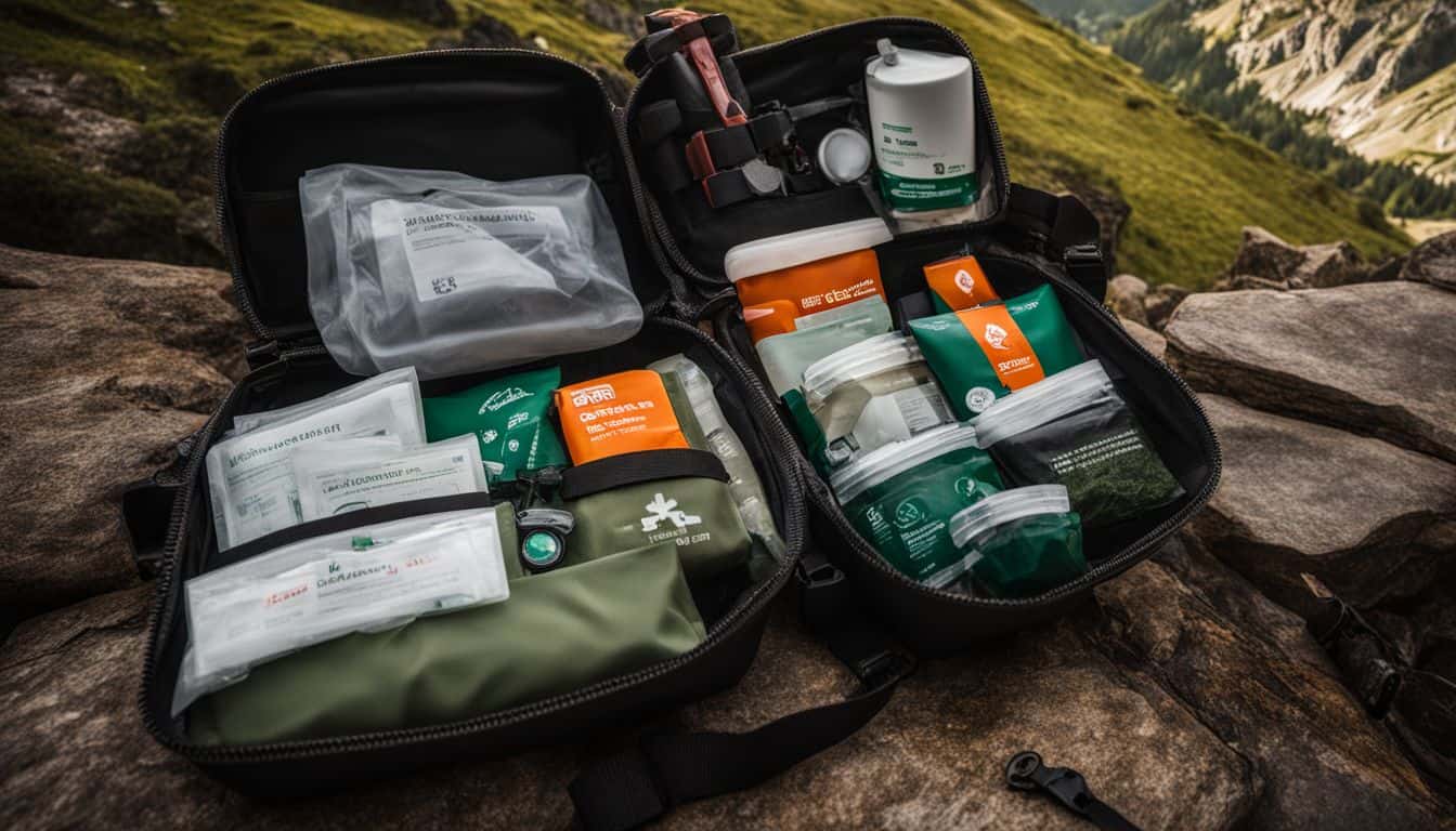 A well-stocked wilderness first aid kit is photographed in a rugged outdoor environment, showcasing a diverse group of people.